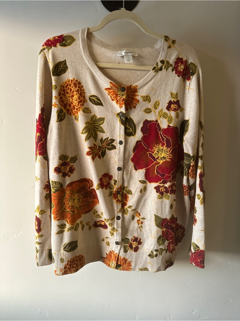 CJ Banks Cream Cardigan with Red and Orange Floral Print